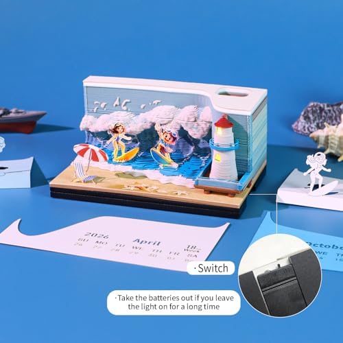 3D Memo Pad, 3D Calendar 2027, Time Piece Calendar, Tear-Off Calendars 2027, 3D Paper Carving Art Memo Pad, Art Carving Sticky Notes for Office Home Gifts Ornaments (Surfing) - Image 3
