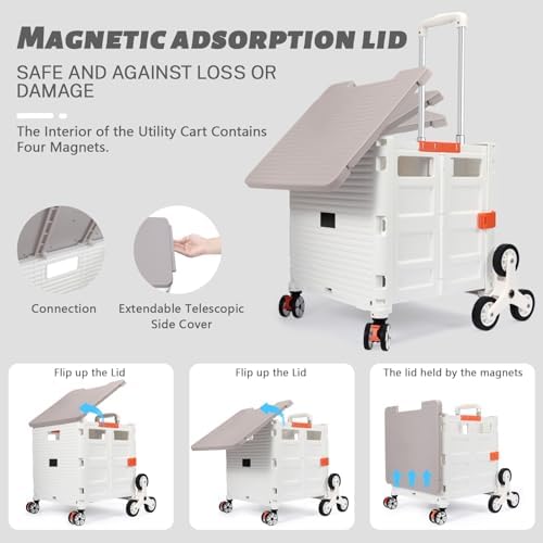 Foldable Utility Cart Collapsible Portable Crate Rolling Carts with Stair Climbing Wheels Tote Basket with Magnetic Lid Telescopic Cover Wear-Resistant 360°Rotate Wheel Noiseless for Shopping Office - Image 2