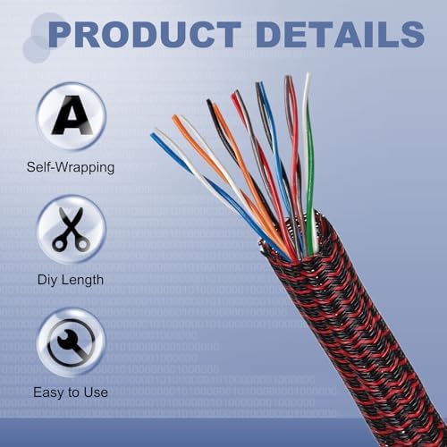 MECCANIXITY Split Sleeve Wire Loom Braided Sleeve 1-1/2" 10Ft Black/Red - Image 3