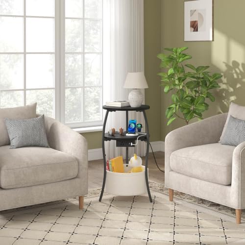 sthemc 3-Tier Small Round End Table Livingroom with Charging Station,Basket - Image 5