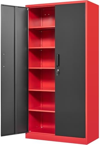 Fesbos Metal Storage Cabinet-71” Tall Steel File Cabinets with Lockable Doors and Adjustable Shelves-Black&Red Steel Storage Cabinet for Home, School, Office, Garage by Fesbos