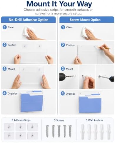 HAYVAN Acrylic Wall File Holder, No Drill Mount 2 Pack Clear - Image 3