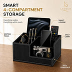 4-Compartment Faux Leather Pen Holder and Desk Organizer, Black - Image 2