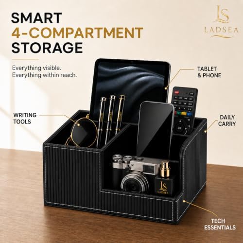 4-Compartment Faux Leather Pen Holder and Desk Organizer, Black - Image 2