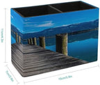 PU Leather Multi-Compartment Pen Holder Desktop Organizer Pencil Cup Storage Caddy for Office Home Supplies Wooden Pier Jetty On Lake Serene Mountain And Clear Sky Reflection - Image 2