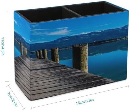 PU Leather Multi-Compartment Pen Holder Desktop Organizer Pencil Cup Storage Caddy for Office Home Supplies Wooden Pier Jetty On Lake Serene Mountain And Clear Sky Reflection - Image 2