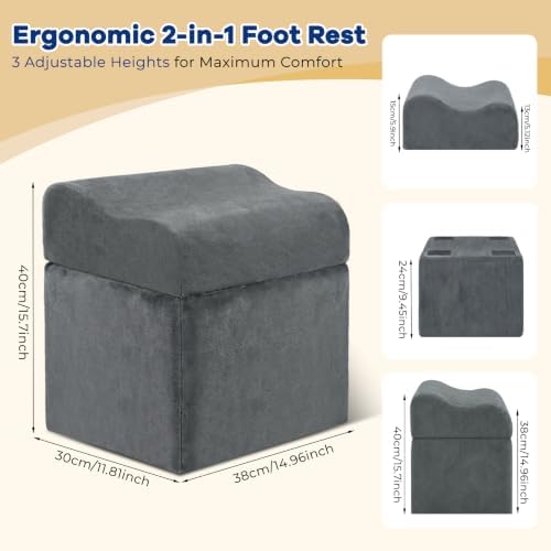 Foot Rest for Under Desk at Work, Ergonomic 2-in-1 Footrest Stool with 3 Adjustable Heights, Wave Contoured Foam Leg & Feet Support Cushion with Washable Velvet Cover for Office Chair, Gaming, Car - Image 2