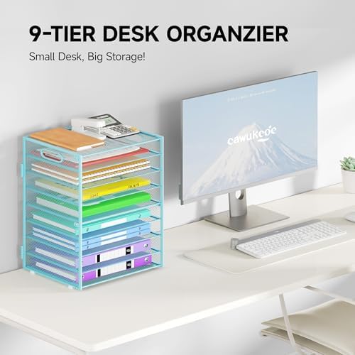 Cawukege 9 Tier Paper Organizer with Handle, Large Capacity Desk Organizer Mesh Paper Letter Tray File Folder Document Sorter for Classroom and Office Accessories Organization- Blue (2 Pack) - Image 2