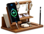 Wood Phone Docking Station for Men – Bedside Desk Nightstand Organizer with Hooks for Keys Bracelets Rings, Birthday Gifts for Husband Dad, Key Holder Wallet Watch Phone Valet Stand for Bedroom Office by Vinoil
