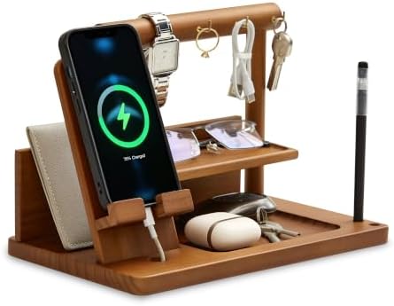 Wood Phone Docking Station for Men – Bedside Desk Nightstand Organizer with Hooks for Keys Bracelets Rings, Birthday Gifts for Husband Dad, Key Holder Wallet Watch Phone Valet Stand for Bedroom Office by Vinoil