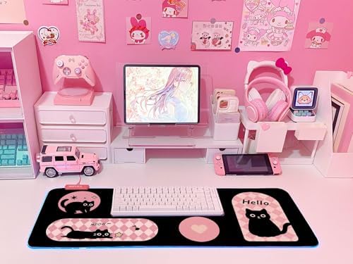 JMIYAV Pink RGB Gaming Mouse Pad 31.5x12 Inch PC XL Large Extended Glowing Led Light Up Desk Pad Non-Slip Rubber Base Computer Cute Mousepad Mat Desk Accessories Gaming Setup Hello Cat - Image 6
