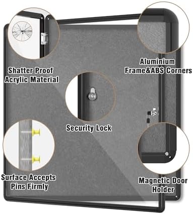Mifuro 38"x38" Enclosed Bulletin Board, Lockable Weather-Resistant Aluminum Cork Noticeboard for School & Office, Black Frame w/Grey Flet - Image 3