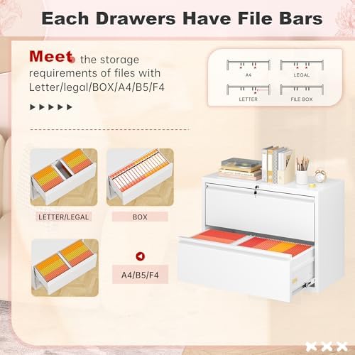 Superday Lateral File Cabinet 2 Drawer Metal File Cabinet with Lock, White Filing Cabinets for Home Office, Locking Filing Cabinets Hanging Files Letter/Legal/F4/A4 - Image 4