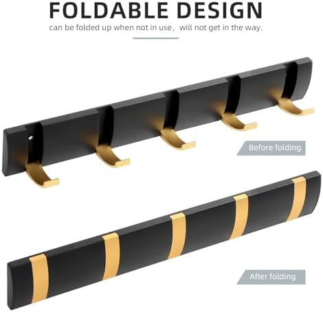 2 Pack Foldable Stylish Modern Hook Rack with 5 Hooks, Coat Hooks Wall Mount, Metal Coat Hook Rail for Coat Hat Towel Purse Robes Mudroom Bathroom Entryway (Black and Gold) - Image 4