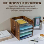 MyGift 5 Tier Deluxe Rustic Solid Wood Desktop File Letter Folder Holder Storage Bin with Removable Clear Acrylic Trays - Image 2