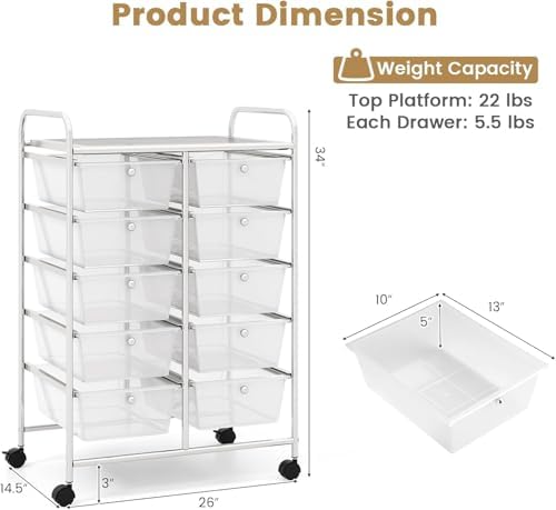 LDAILY 10 Drawer Rolling Cart, Storage Cart Organizer on Wheels, Drawer Cart with Metal Frame & Large Storage Capacity, Rolling Cart with Drawers for Living Room Classroom, Office - Image 3