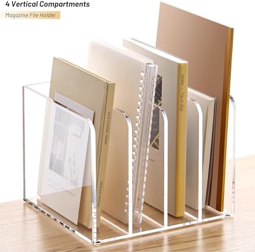 YUXUN Acrylic Magazine Holder,Clear Desk Organizer File Sorter for Notebook,Paper,Envelope,Magazine, Book Storage-Office/Home/Classroom Organization(4 Compartments,B5) - Image 4