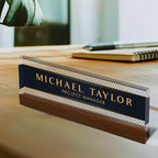 Artblox Personalized Office Desk Name Plate With Business Card Holder | Clear Acrylic Glass with Teak Wood Stand | Net Shape Design Customized with Your Name and Credentials Office Desk Décor - Image 3