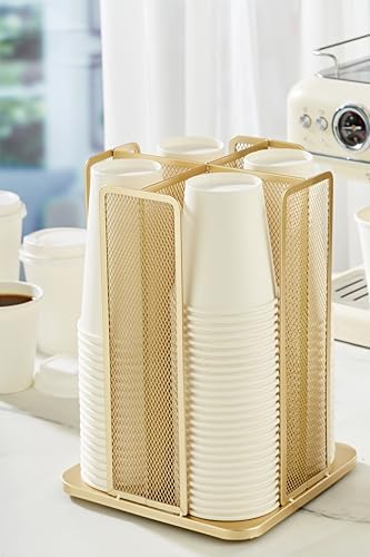 Annova Paper/Plastic Cup and Lid Holder Plastic Storage Organizer, 360°Rotating Coffee Mup Dispenser with 4 Compartments, Multifunctional Storage Rack for Home, Office, Bar, Coffee Shop (Gold) - Image 5