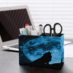 PU Leather Multi-Compartment Pen Holder Desktop Organizer Pencil Cup Storage Caddy for Office Home Supplies Wolves Pack in Silhouette Against Blue Starred Sky Full Moon - Image 5