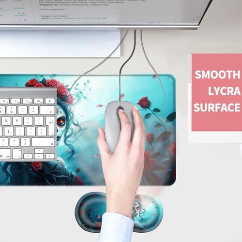 Mouse Pad,Large Desk Mat Set, 4in1 XL Mousepad + Keyboard Wrist Rest+Mouse Wrist Rest+Coaster with Ergonomic Desk Pad for Home Office Table Computer Cover -Woman with Skull Face - Image 4