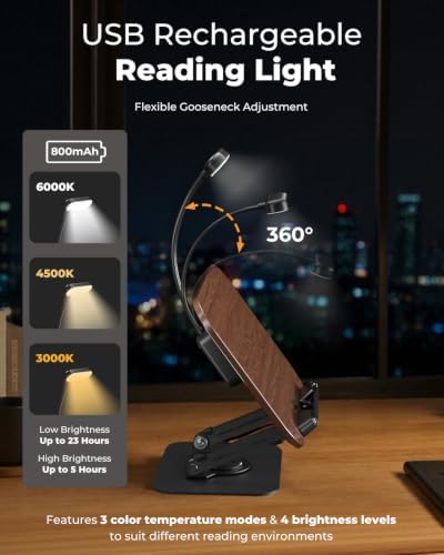 Book Stand with Reading Light, 360° Rotating Book Holder for Desk, Foldable Cookbook Stand with Page Clips, Height & Angle Adjustable Reading Stand for Textbooks, Tablets - Image 4
