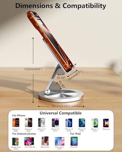 Phone Stand for Desk, 360° Rotating Dual Adjustable Foldable Cell Phone Holder, Heavy Solid All-Aluminum Base Anti-Slip Stable Support for Home Office Study, Fits iPhone Galaxy 4-8" Phones - Image 7