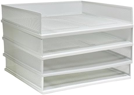 A3 Metal Letter Tray, 2pcs/4pcs/6pcs, Stackable Paper Tray, Metal Mesh Desktop Organizer, File Document Storage Rack for Home, Office, School, Black/White, Horizontal/Vertical (4, Horizontal,White) by Unknown