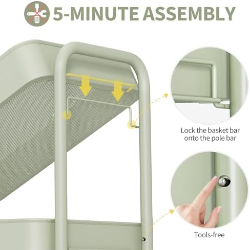 TOOLF 4 Tier Rolling Cart, Metal Utility Storage Cart with Pegboard, Green - Image 5