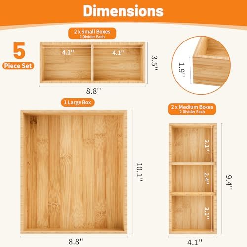 Bamboo Drawer Organizer, 5-Piece Stackable Trays with Removable Dividers - Image 2
