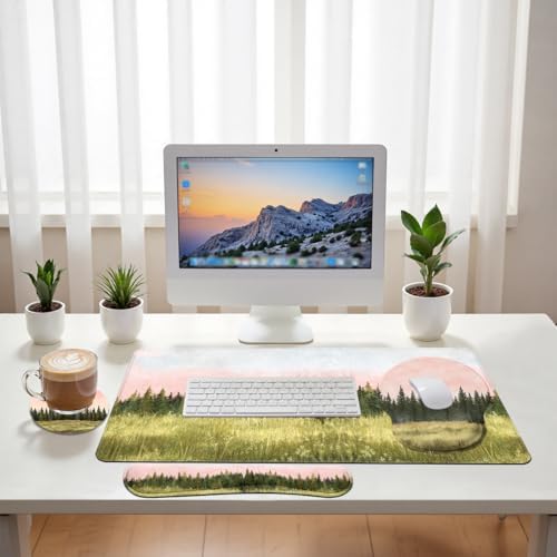 Forest Meadow Desk Mat Set Watercolor Pine Landscape Large Mouse Pad with Wrist Rest 4in1 Desk Mat for Desktop Ergonomic Computer Desk Arm Wrist Anti-Slip Computer Ergonomic Mouse Pad Office Gaming - Image 6