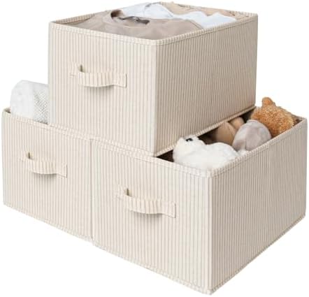 StorageWorks Shelf Organizer Bins, Khaki & Beige Stripes, 3-Pack, Large by StorageWorks