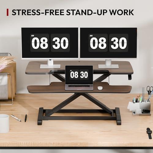 SANODESK 36" Standing Desk Converter, Smooth Mechanical Spring Effortless Lift Sit-Stand Riser for Dual Monitors, Heavy Duty Workstation with Keyboard Tray, Walnut - Image 7