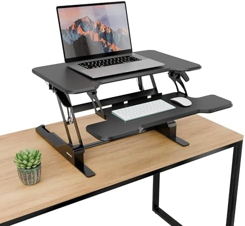Mount-It! Height Adjustable Standing Desk Converter, Compact 30” Wide Tabletop Standing Desk Riser with Gas Spring, Desktop Stand Up Workstation with Keyboard Tray Fits Monitor or Laptop, Black by Mount-It