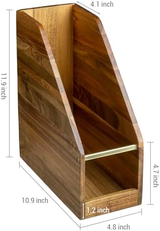 MyGift Premium Hotel Series Solid Acacia Wood Desktop Magazine File Holder Bin with Brass Tone Metal Accent, Vertical Office Desk Document Folder Binder Storage Organizer Rack (Pack of 2) - Image 5