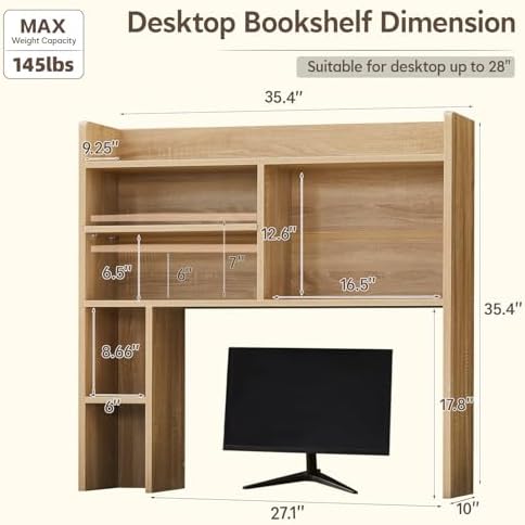 OFCASA Desktop Bookshelf, Countertop Storage Hutch with 7 Shelves for Computer Desk, 35.4'' 3-Tier Display Rack, Multipurpose Wooden Desk Hutch Storage Organizer for Home Office Dorm, Natural - Image 2