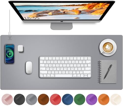 Desk Mat with Wireless Charging, Grey Mouse Pad with Wireless Charger, Desk Pad Matt for Desktop, Mousepad Gaming Large Mouse Pad, Leather Compute for Keyboard and Mouse, 32" x 16" by HopeLum