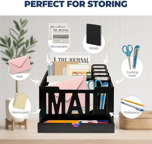 Mail Organizer Countertop, Desktop Mail Sorter with Drawer & Label Tags, BK - Image 2