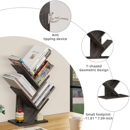 SHEEPAM Small Tree Book Shelf,5 Tier Bookshelf, Wood Desktop Bookcase - Image 4