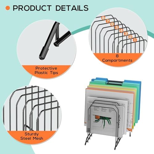 Incline Sorter Desk File Organizer, Metal Desk Magazine Folder Holder with 8-Section Vertical Compartments Rack File Organizer for Office, Home, School - Image 3