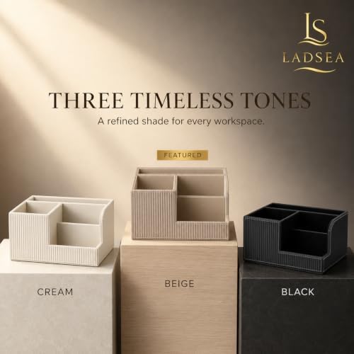 Pen Holder for Desk, 4-Compartment PU Leather Desk Organizer, Beige - Image 6