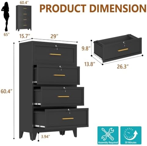 4 Drawer File Cabinet with Lock, Lateral Filing Cabinet for Home Office - Image 3
