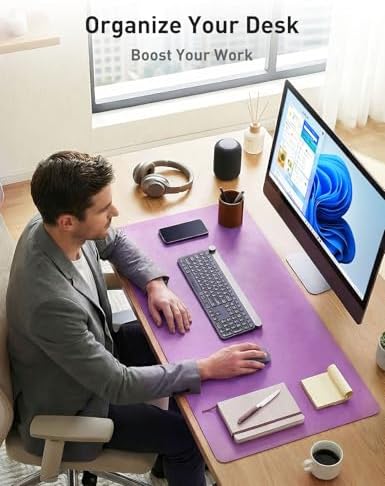 Aothia Faux Leather Desk Mat - Non-Slip PU Leather Desk Blotter, Waterproof Writing Surface, Large Desk Pad for Office & Home (Iris Violet, 55" x 17") - Image 3