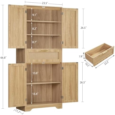 Iwell Tall Storage Cabinet with 2 Adjustable Shelves & Large Drawer, Rattan Cabinet with 4 Doors, Pantry Cabinets for Dining Room, Living Room, Home Office, Natural - Image 3