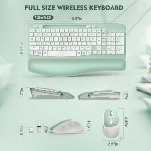 Wireless Keyboard and Mouse Combo, Full-Sized Ergonomic Wave Keys Keyboard with Memory Foam Wrist Rest & Phone Holder, 2.4G Quiet Keyboard Mouse Work Setup for PC Laptop, Office or Home (Mint Green) - Image 3