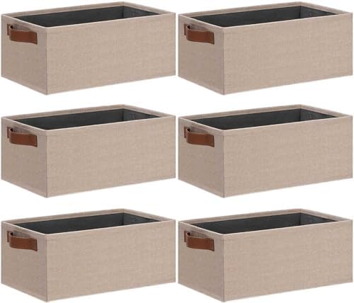 GhvyenntteS Small Fabric Storage Bins 6 Pack, 11.8" x 7.87" x 5.11" Storage Basket with Leather Handles, Closet Storage Bins for Shelves, Storage Baskets for Shelves, DVD Storage (Beige Yellow) by GhvyenntteS