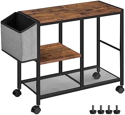 MAHANCRIS Printer Stand with Storage Bag, 3-Tier Mobile Under Desk Printer Cart with Wheels, Wood Rolling Printer Table, Organizer Shelf for Study, Office, Living Room, Rustic Brown PTHR2201 by MAHANCRIS