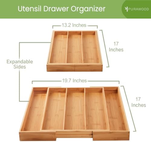 Purawood Kitchen Drawer Organizer - Expandable Utensil Drawer Organizer for Kitchen, Cutlery Tray & Silverware Organizer, 3-5 Slots - Bamboo Organizer for Utensils & Flatware (Natural) - Image 3