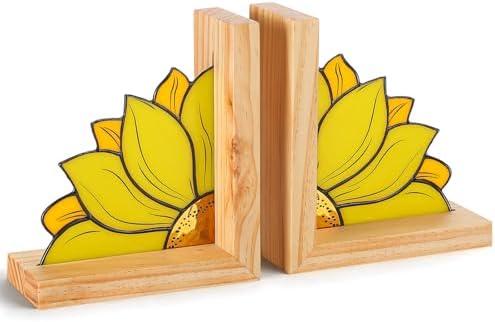 Maitys Sunflower Bookends Oak Base, Yellow for Desk Shelves by Maitys