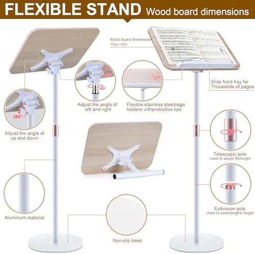 2 in 1 Dual-use Music Stand & Desktop Book Stand, Adjustable Height 16.5"-51", 100% Solid Wood Laptop Floor Stand Book Holder with Elastic Page Clips for Cookbooks (White) - Image 2